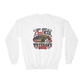 White Not Just A Cool Kid I'm A Veteran's Son youth sweatshirt with a patriotic red, white and blue print, front view