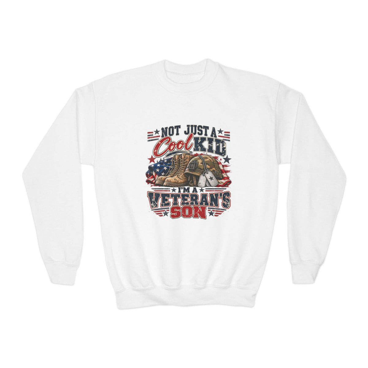 White Not Just A Cool Kid I'm A Veteran's Son youth sweatshirt with a patriotic red, white and blue print, front view