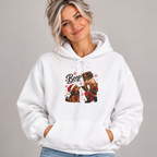 Woman wearing the White Nutcracker Dachshund Boop Christmas Hoodie with jeans