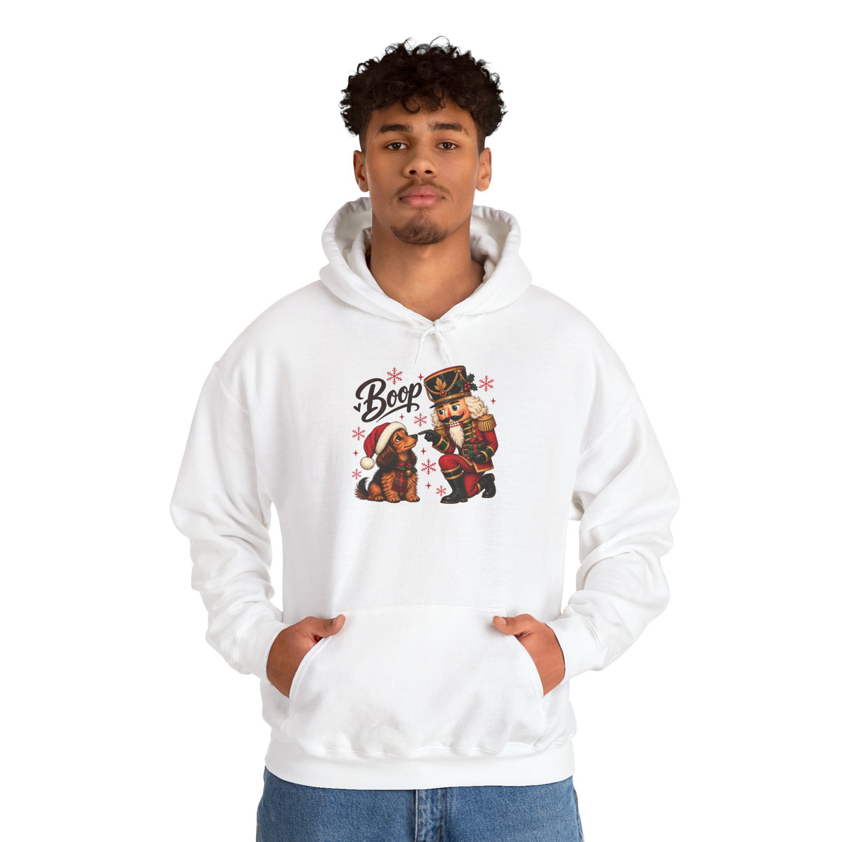 Model wearing the white Nutcracker Dachshund Boop Christmas Hoodie