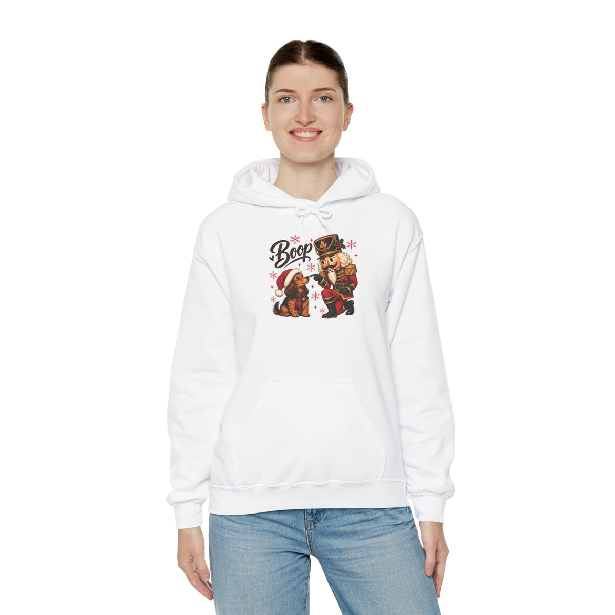 Model wearing the white Nutcracker Dachshund Boop Christmas Hoodie