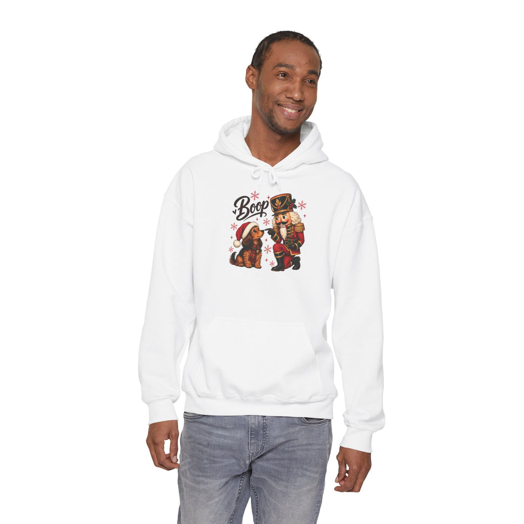 Model wearing the white Nutcracker Dachshund Boop Christmas Hoodie