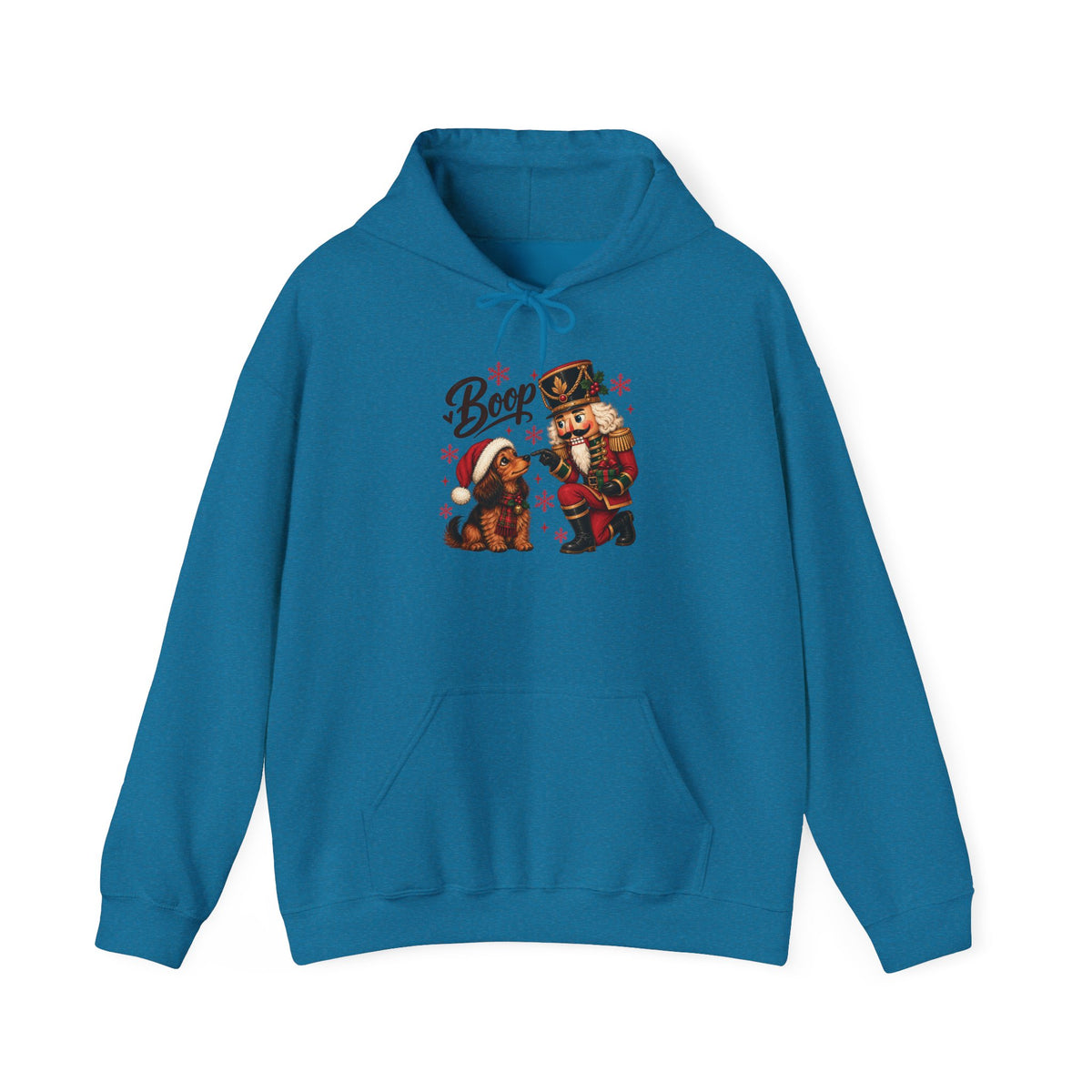 Antique Sapphire Nutcracker Dachshund Boop Christmas hoodie with a nutcracker soldier booping the nose of a dachshund in a Santa hat, front view