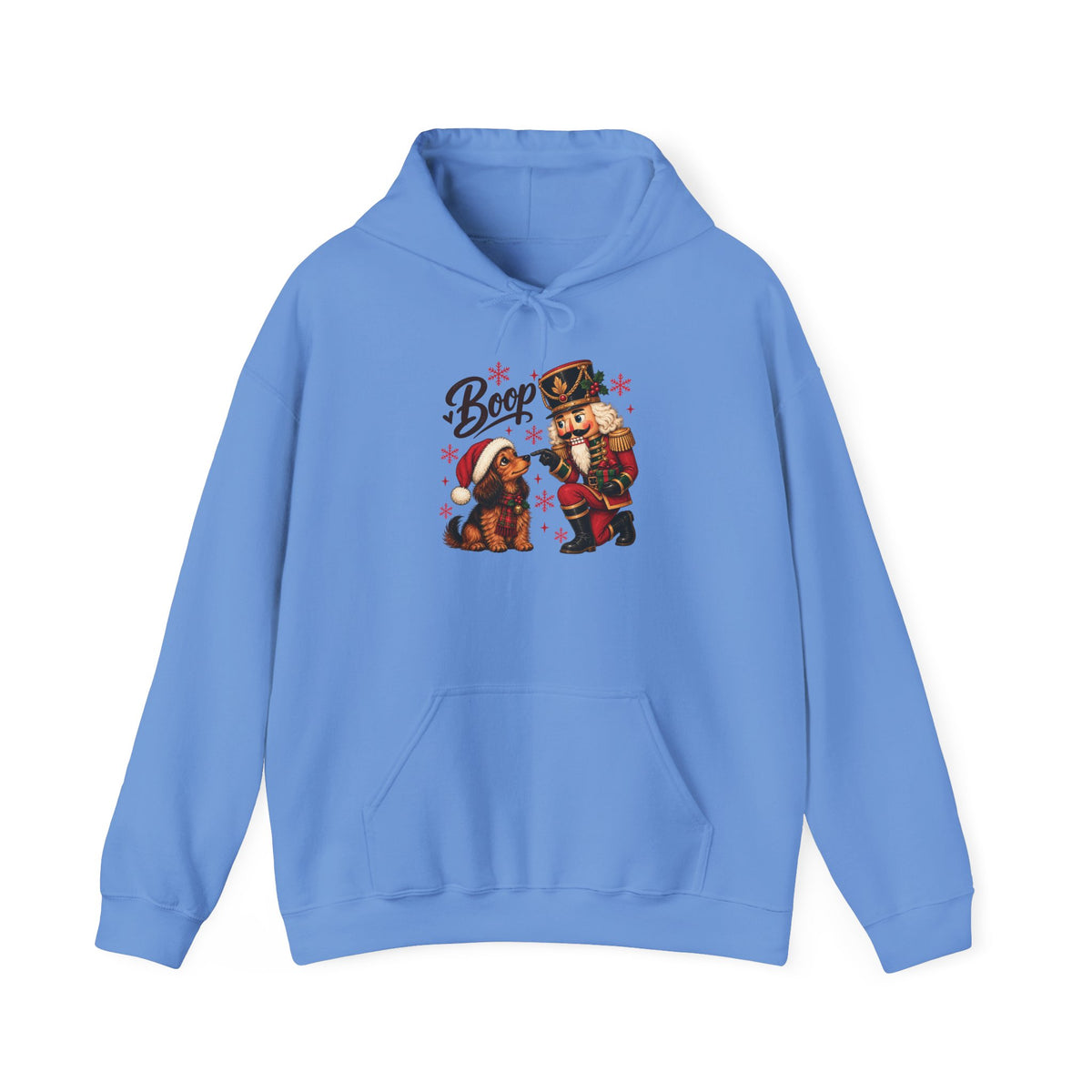 Carolina Blue Nutcracker Dachshund Boop Christmas hoodie with a nutcracker soldier booping the nose of a dachshund in a Santa hat, front view