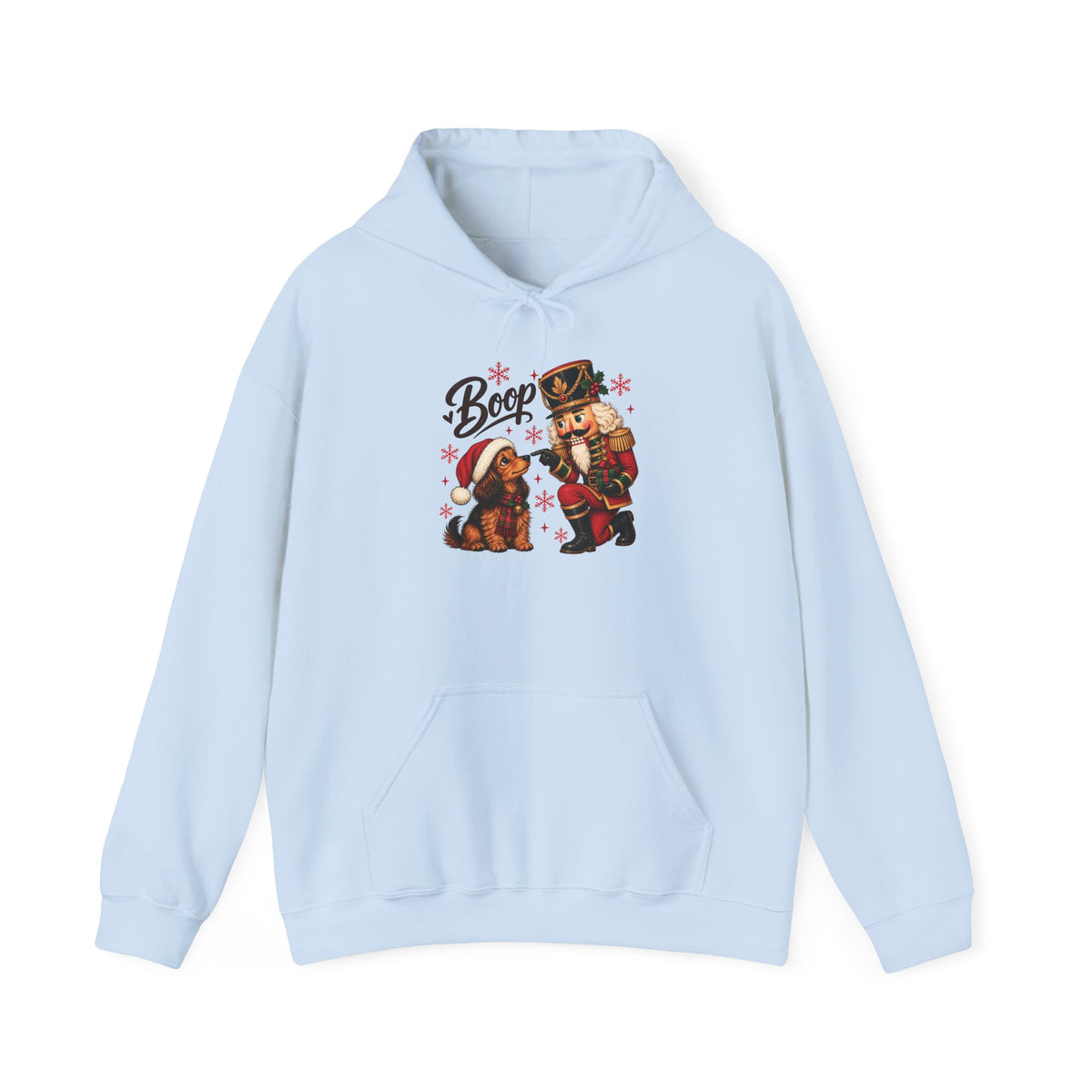 Light Blue Nutcracker Dachshund Boop Christmas hoodie with a nutcracker soldier booping the nose of a dachshund in a Santa hat, front view