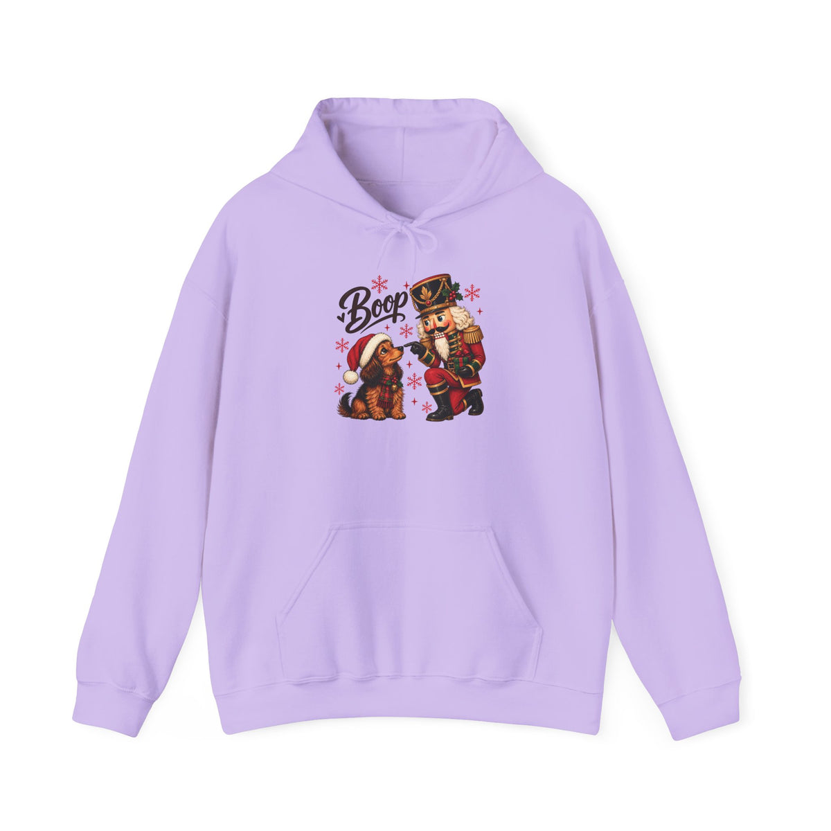 Orchid Nutcracker Dachshund Boop Christmas hoodie with a nutcracker soldier booping the nose of a dachshund in a Santa hat, front view