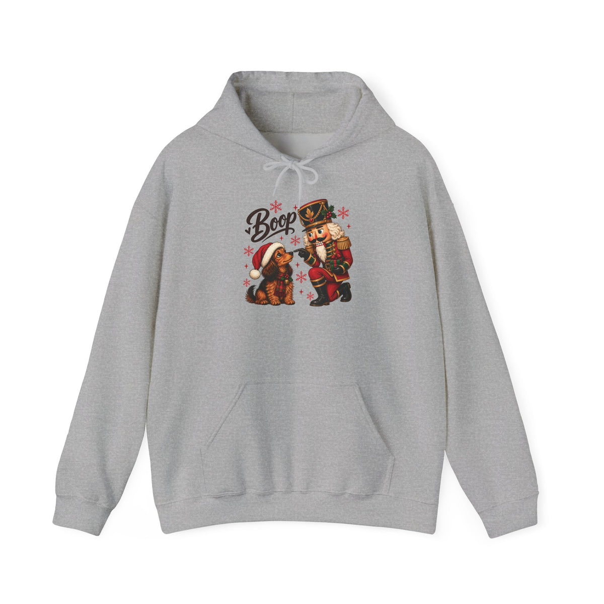 Sport Grey Nutcracker Dachshund Boop Christmas hoodie with a nutcracker soldier booping the nose of a dachshund in a Santa hat, front view