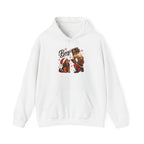 White Nutcracker Dachshund Boop Christmas hoodie with a nutcracker soldier booping the nose of a dachshund in a Santa hat, front view
