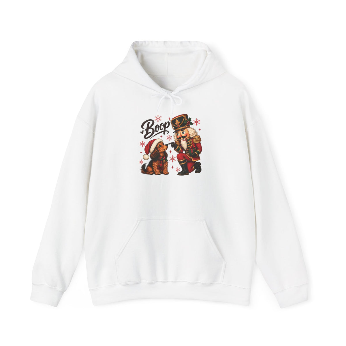 White Nutcracker Dachshund Boop Christmas hoodie with a nutcracker soldier booping the nose of a dachshund in a Santa hat, front view
