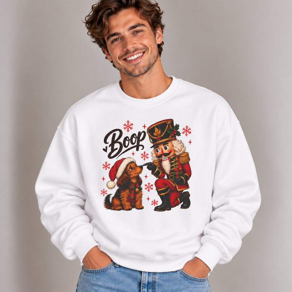 Man wearing the White Nutcracker Dachshund Boop Christmas Sweatshirt with jeans