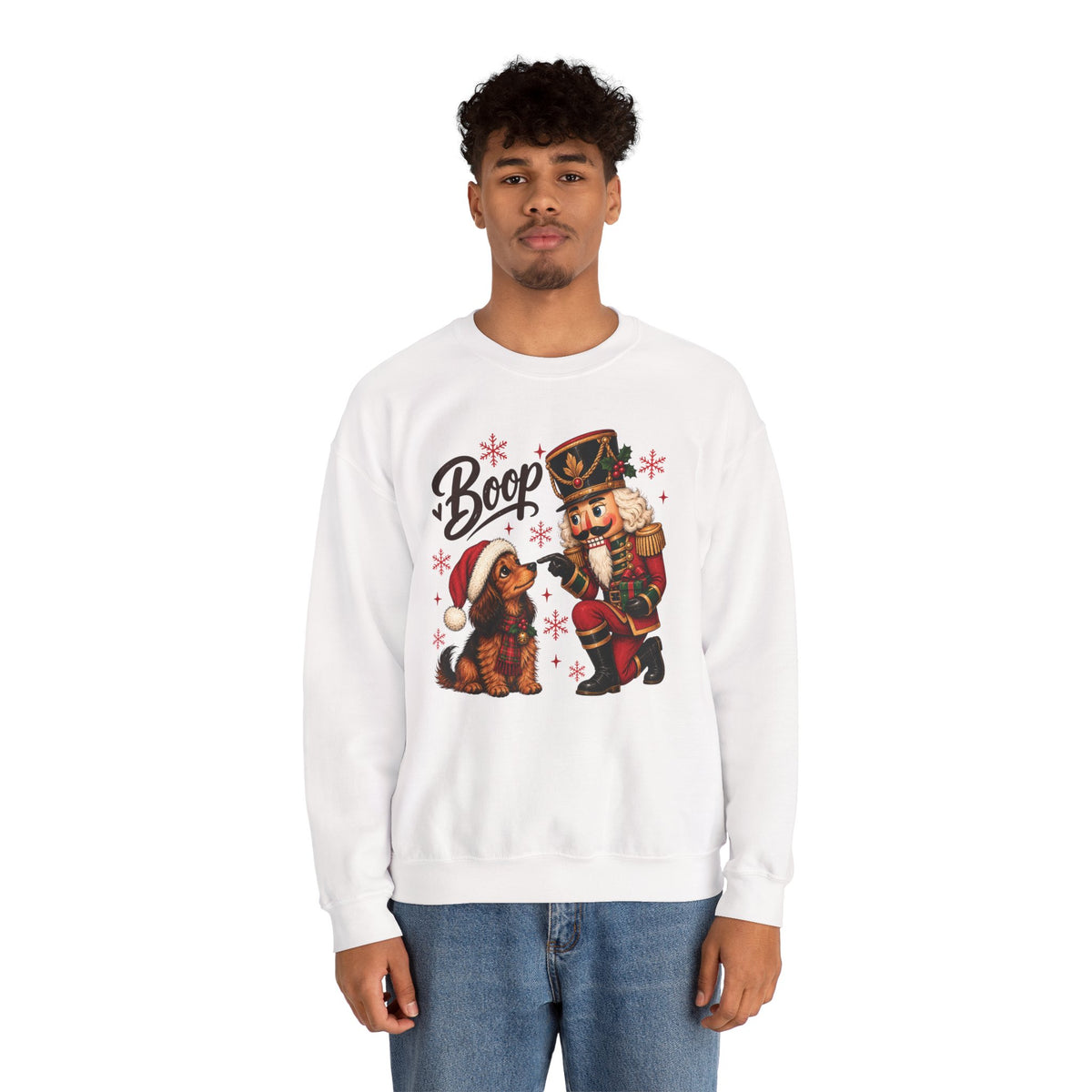 Model wearing the white Nutcracker Dachshund Boop Christmas Sweatshirt
