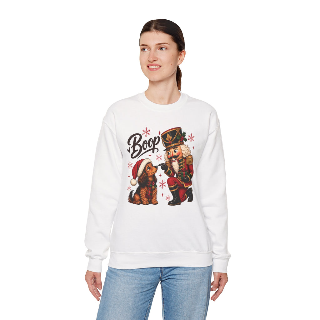 Model wearing the white Nutcracker Dachshund Boop Christmas Sweatshirt