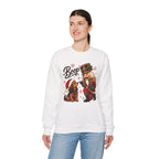 Model wearing the white Nutcracker Dachshund Boop Christmas Sweatshirt