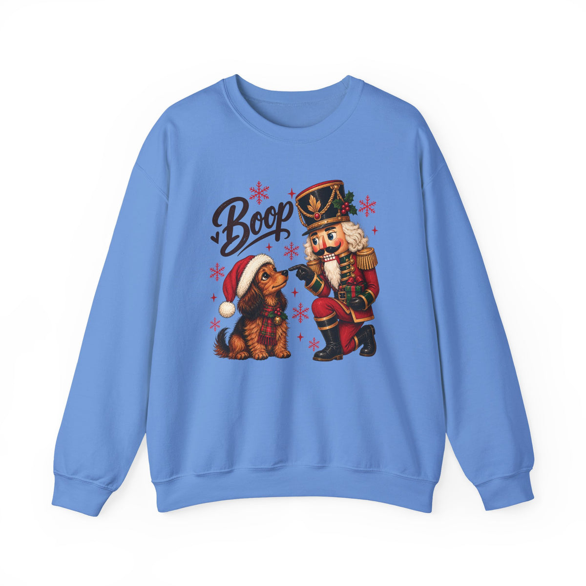 Carolina Blue Nutcracker Dachshund Boop Christmas sweatshirt with a nutcracker soldier booping the nose of a dachshund in a Santa hat, front view