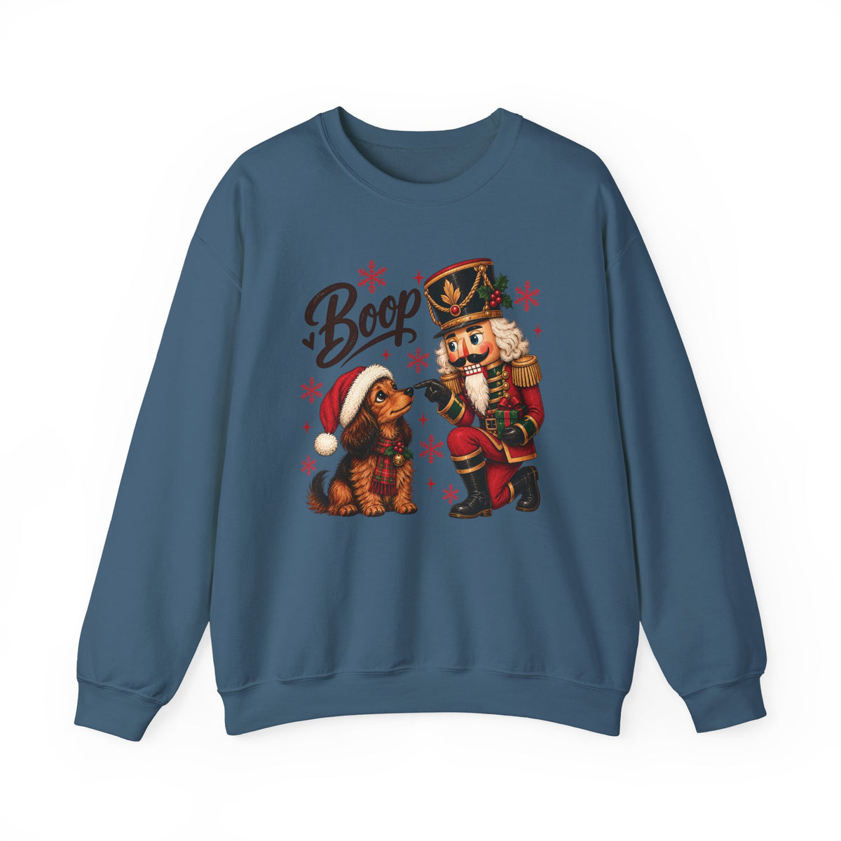 Indigo Blue Nutcracker Dachshund Boop Christmas sweatshirt with a nutcracker soldier booping the nose of a dachshund in a Santa hat, front view