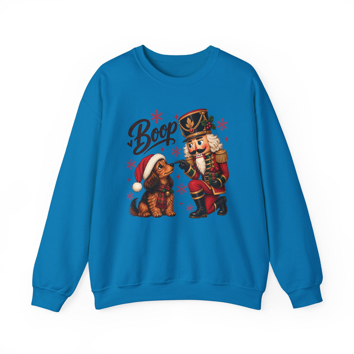 Sapphire Nutcracker Dachshund Boop Christmas sweatshirt with a nutcracker soldier booping the nose of a dachshund in a Santa hat, front view