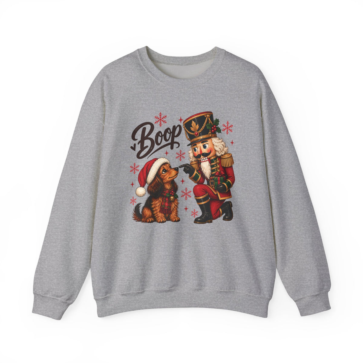 Sport Grey Nutcracker Dachshund Boop Christmas sweatshirt with a nutcracker soldier booping the nose of a dachshund in a Santa hat, front view