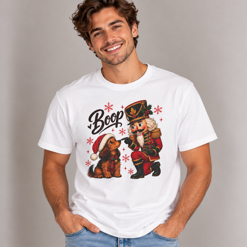 Man wearing the White Nutcracker Dachshund Boop Christmas T-Shirt with jeans
