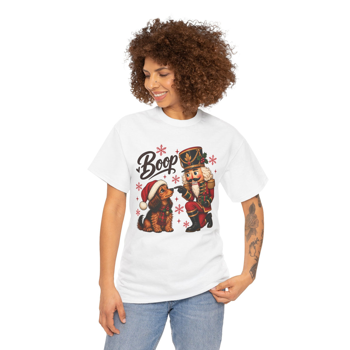 Model wearing the white Nutcracker Dachshund Boop Christmas T-Shirt