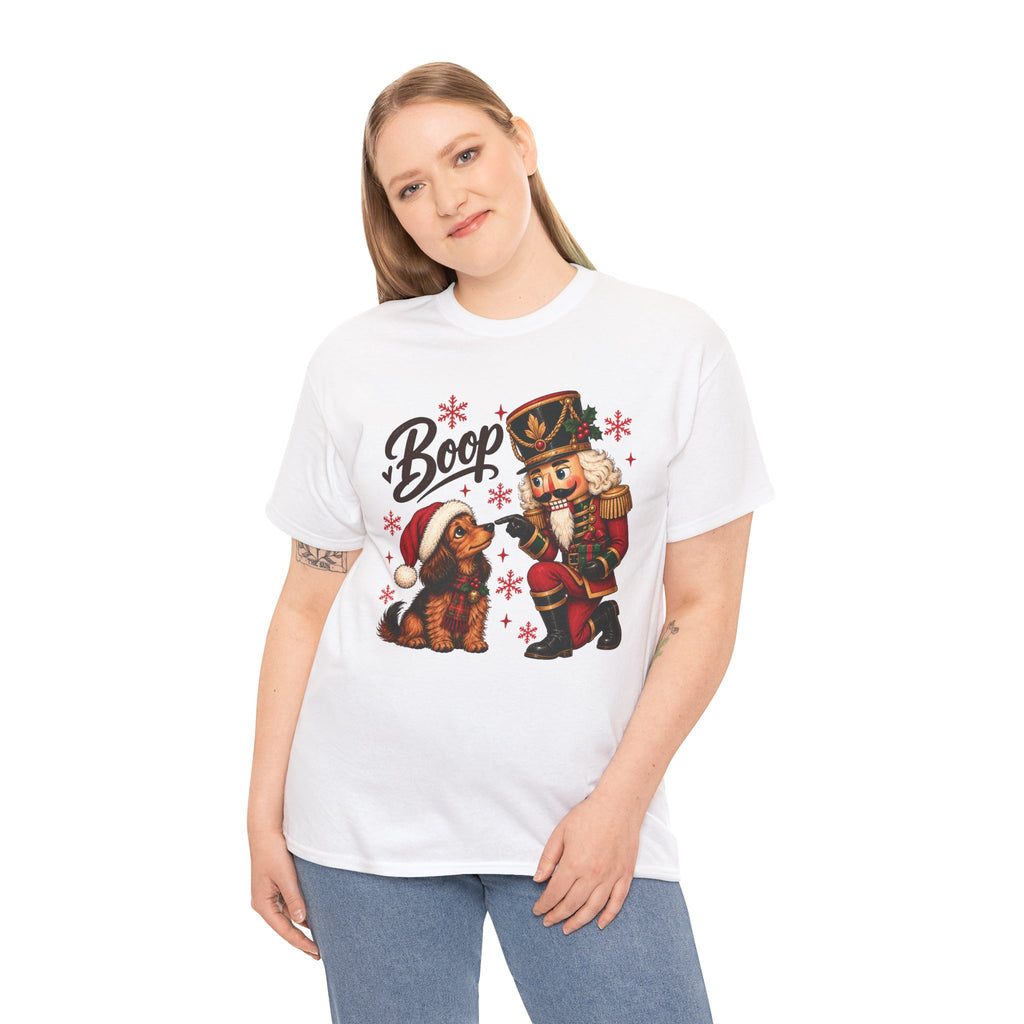 Model wearing the white Nutcracker Dachshund Boop Christmas T-Shirt