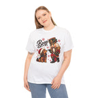 Model wearing the white Nutcracker Dachshund Boop Christmas T-Shirt