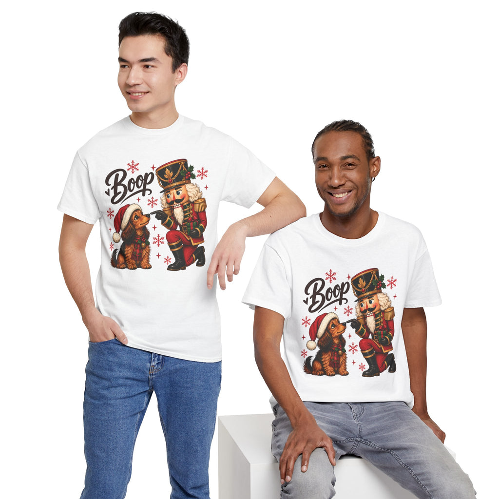 Model wearing the white Nutcracker Dachshund Boop Christmas T-Shirt