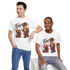 Model wearing the white Nutcracker Dachshund Boop Christmas T-Shirt