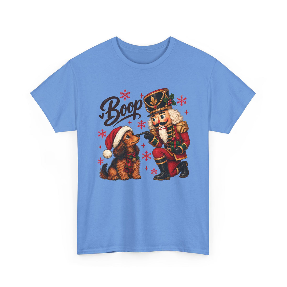 Carolina Blue Nutcracker Dachshund Boop Christmas t-shirt with a nutcracker soldier booping the nose of a dachshund in a Santa hat, front view