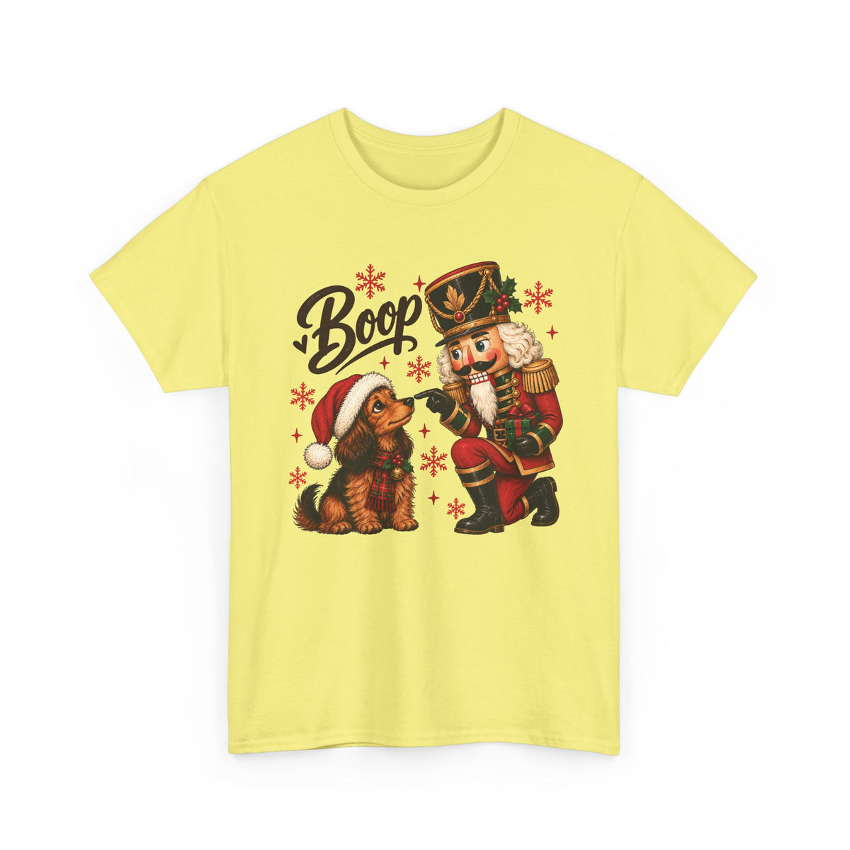 Cornsilk Nutcracker Dachshund Boop Christmas t-shirt with a nutcracker soldier booping the nose of a dachshund in a Santa hat, front view