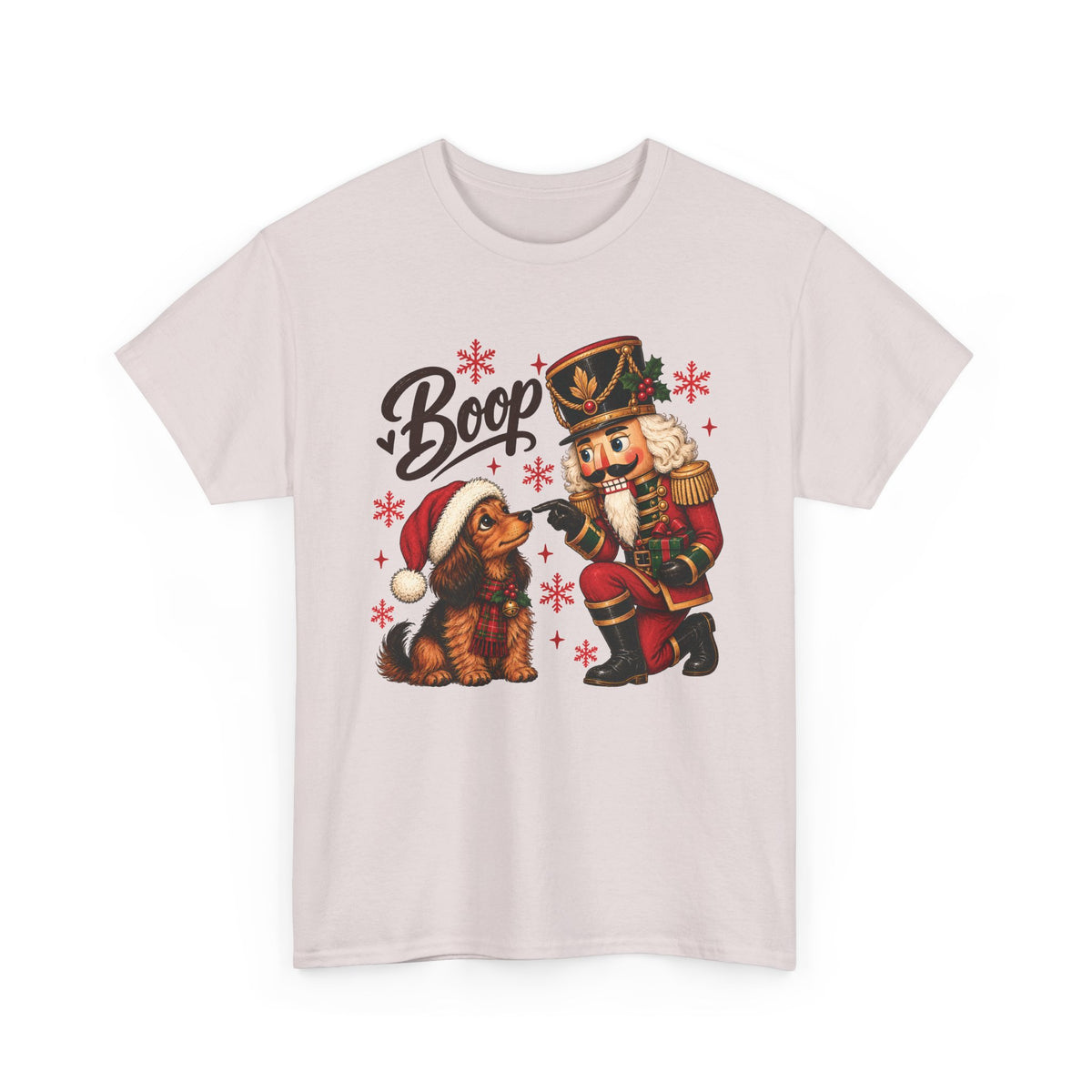 Ice Grey Nutcracker Dachshund Boop Christmas t-shirt with a nutcracker soldier booping the nose of a dachshund in a Santa hat, front view