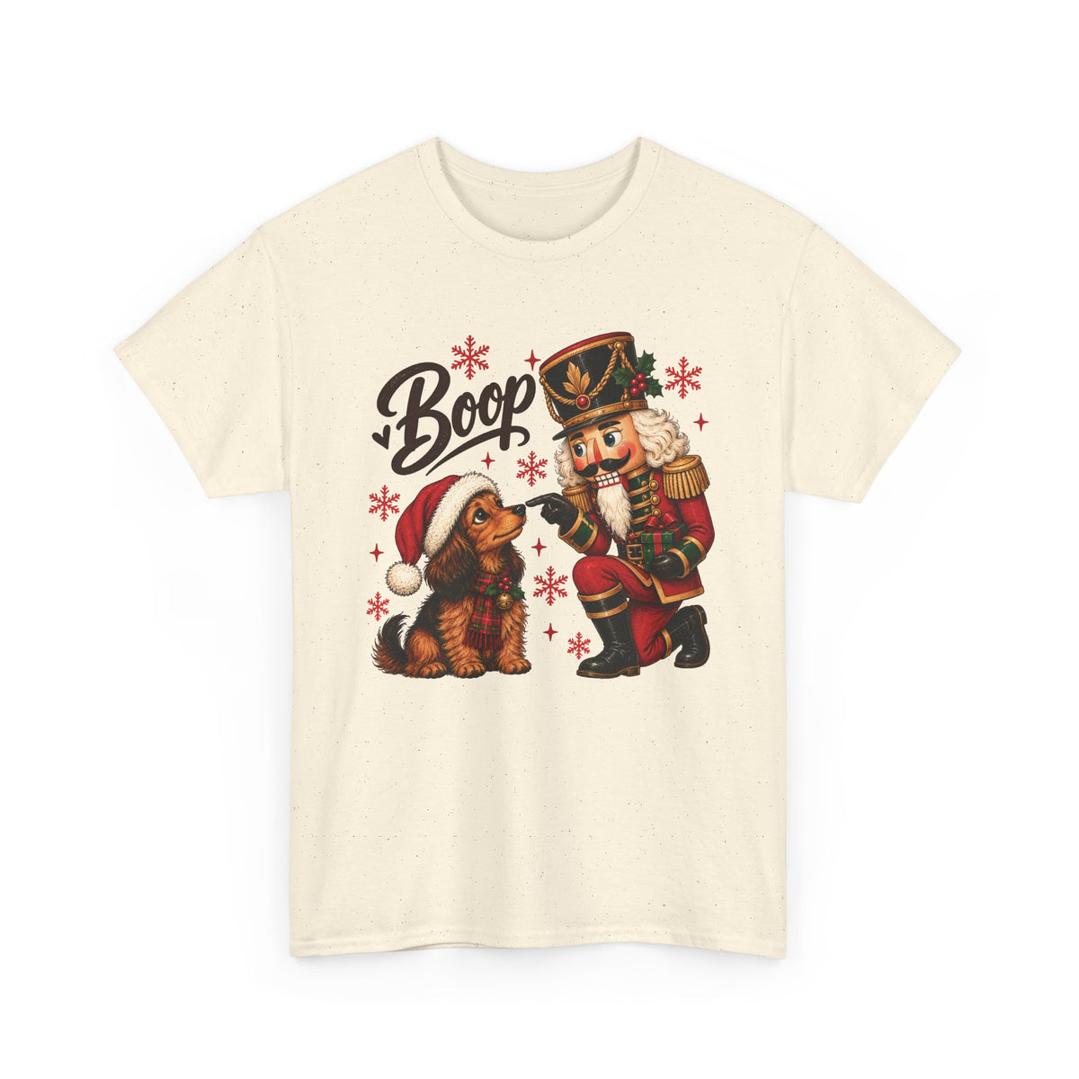 Natural Nutcracker Dachshund Boop Christmas t-shirt with a nutcracker soldier booping the nose of a dachshund in a Santa hat, front view