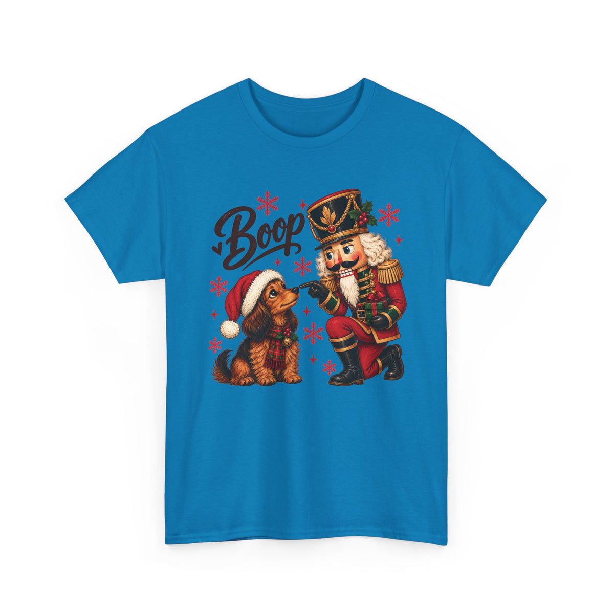 Sapphire Nutcracker Dachshund Boop Christmas t-shirt with a nutcracker soldier booping the nose of a dachshund in a Santa hat, front view