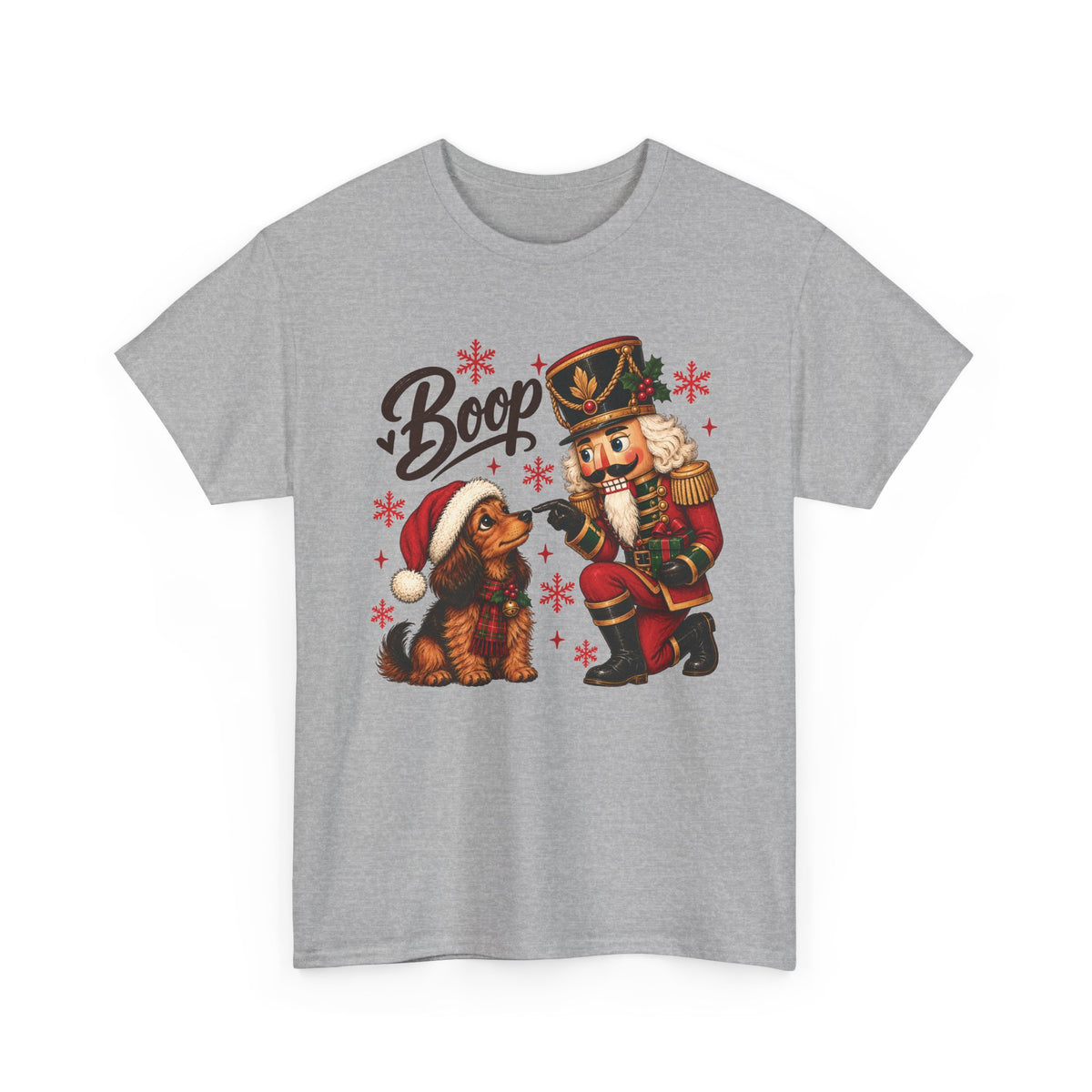 Sport Grey Nutcracker Dachshund Boop Christmas t-shirt with a nutcracker soldier booping the nose of a dachshund in a Santa hat, front view