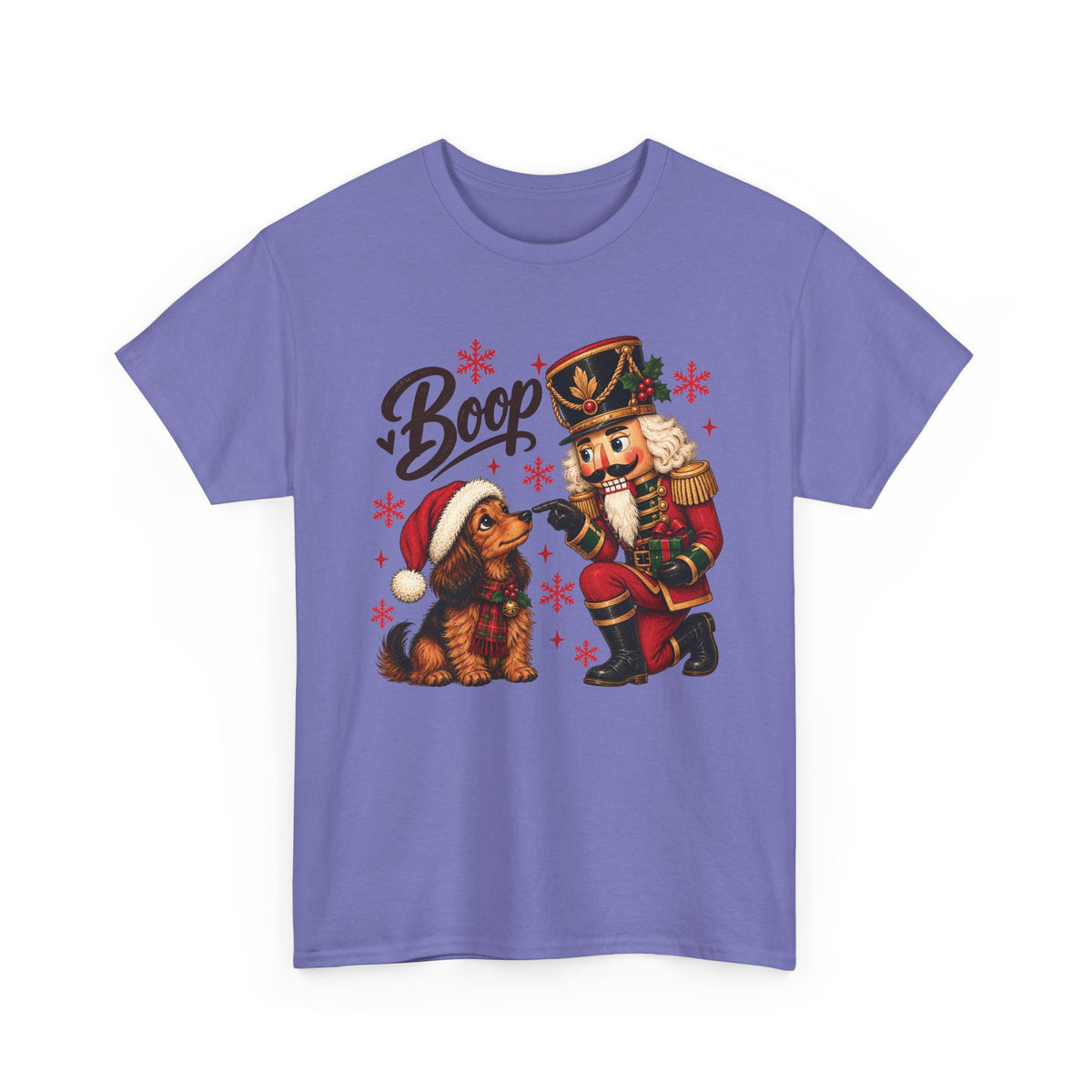 Violet Nutcracker Dachshund Boop Christmas t-shirt with a nutcracker soldier booping the nose of a dachshund in a Santa hat, front view