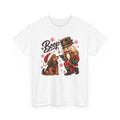 White Nutcracker Dachshund Boop Christmas t-shirt with a nutcracker soldier booping the nose of a dachshund in a Santa hat, front view