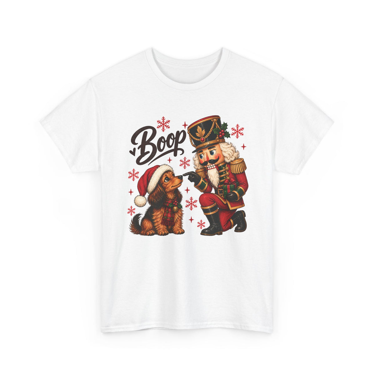 White Nutcracker Dachshund Boop Christmas t-shirt with a nutcracker soldier booping the nose of a dachshund in a Santa hat, front view