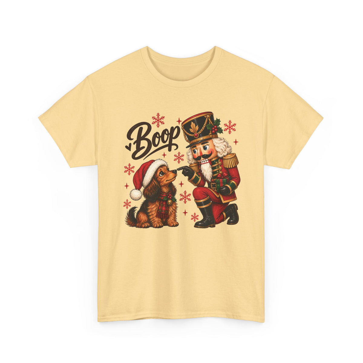 Yellow Haze Nutcracker Dachshund Boop Christmas t-shirt with a nutcracker soldier booping the nose of a dachshund in a Santa hat, front view