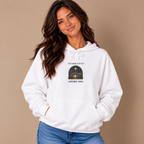 Woman wearing the White O Come Let Us Adore Him Christian Christmas Hoodie with jeans
