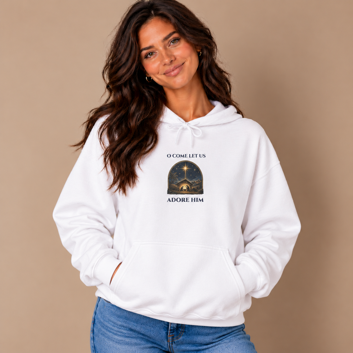 Woman wearing the White O Come Let Us Adore Him Christian Christmas Hoodie with jeans