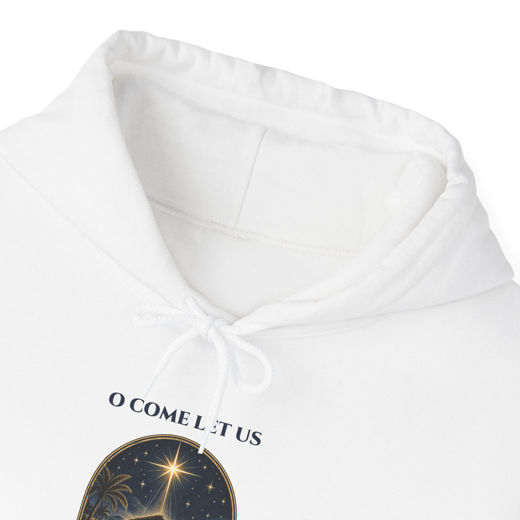 O Come Let Us Adore Him Christian Christmas Hoodie, front collar close-up