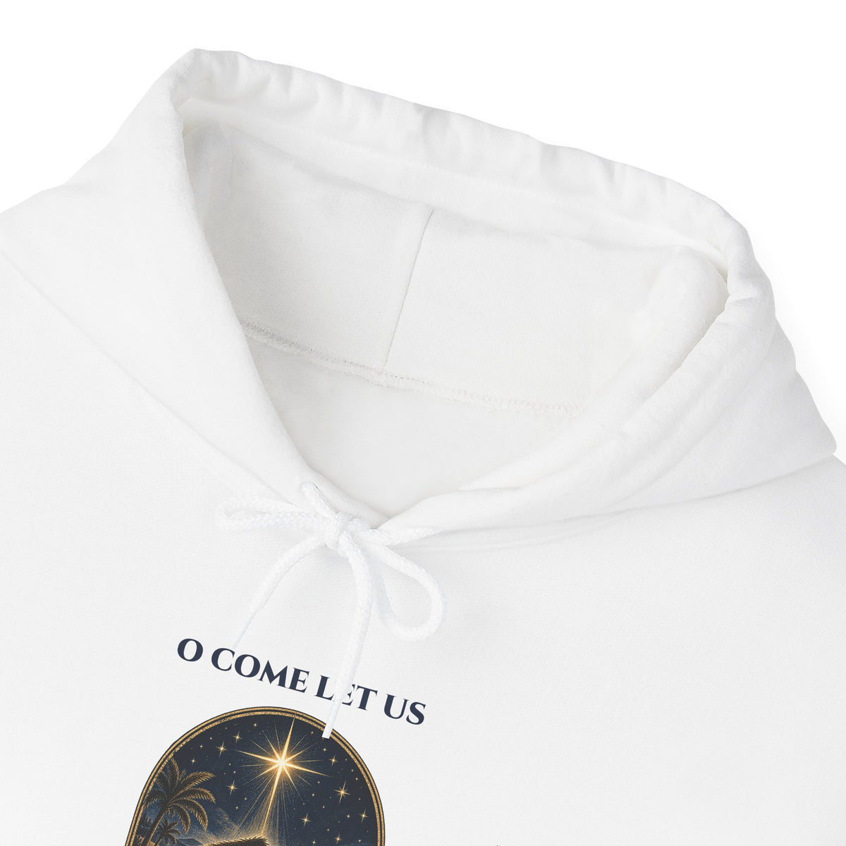 O Come Let Us Adore Him Christian Christmas Hoodie, front collar close-up