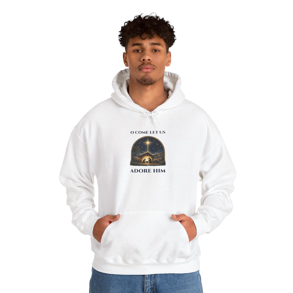 Man wearing the O Come Let Us Adore Him Christian Christmas Hoodie