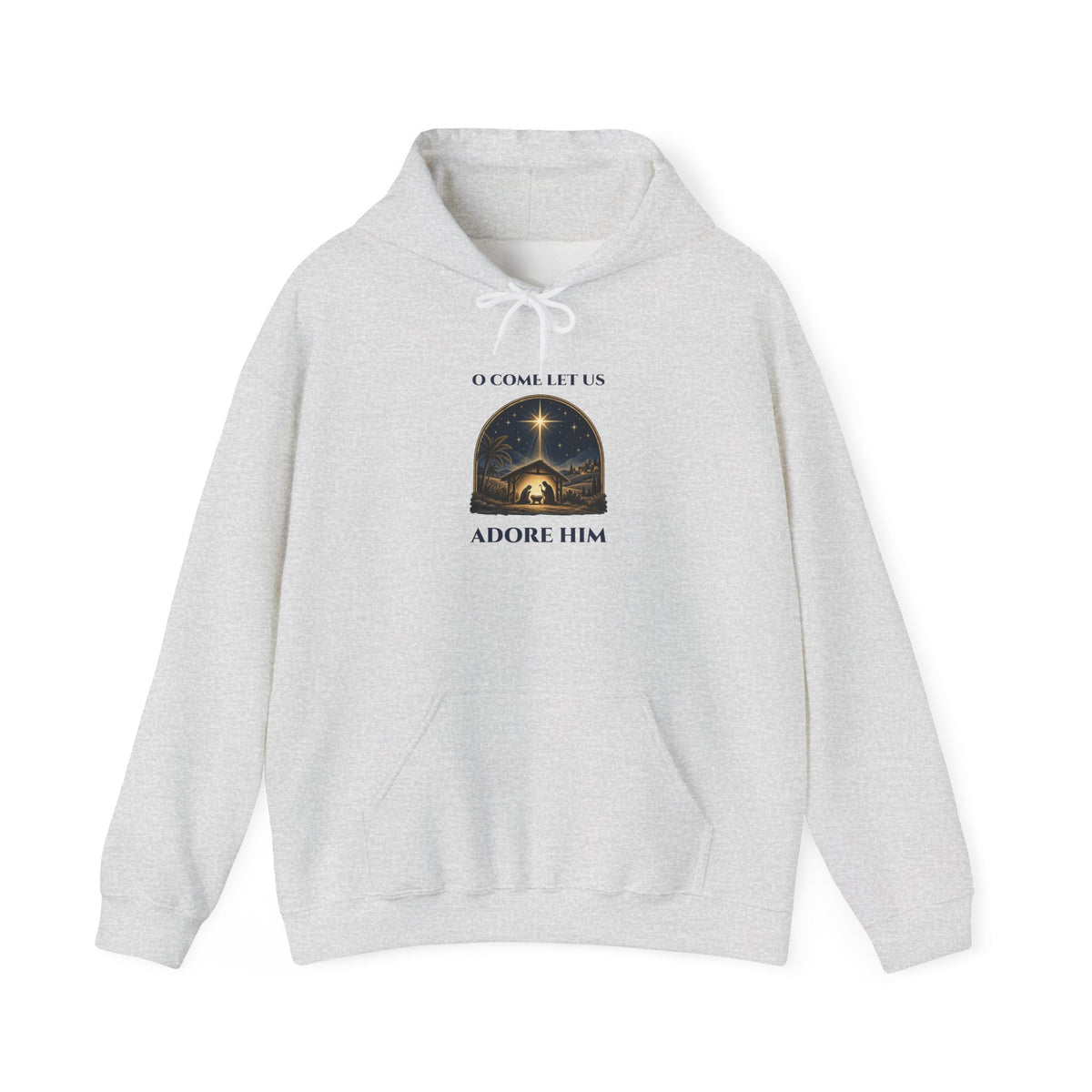Ash O Come Let Us Adore Him hoodie with a vintage nativity scene under the star of Bethlehem, front view