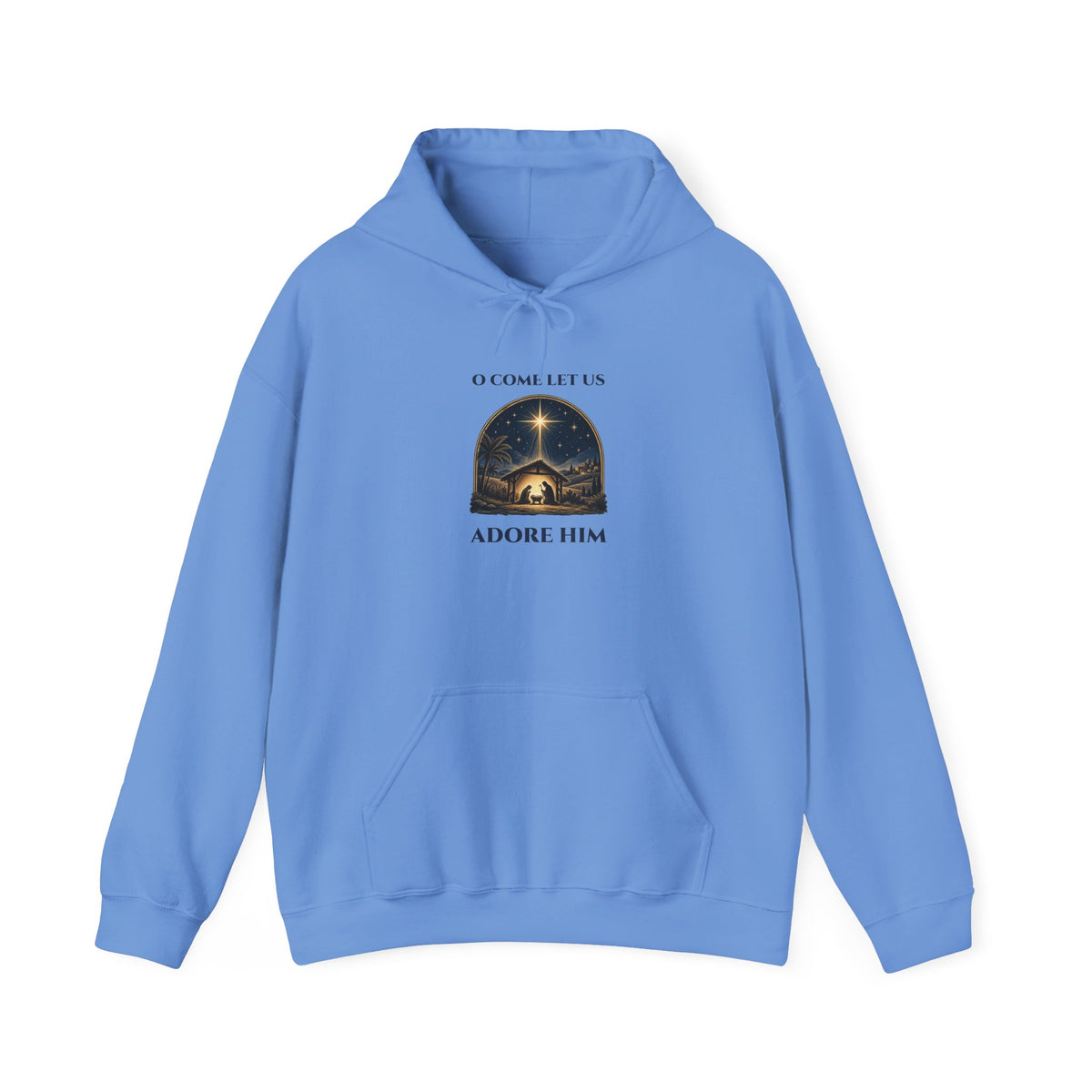 Carolina Blue O Come Let Us Adore Him hoodie with a vintage nativity scene under the star of Bethlehem, front view