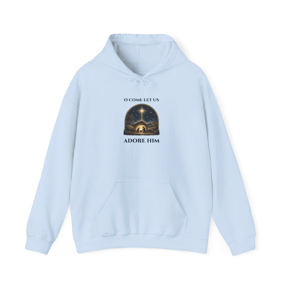 Light Blue O Come Let Us Adore Him hoodie with a vintage nativity scene under the star of Bethlehem, front view