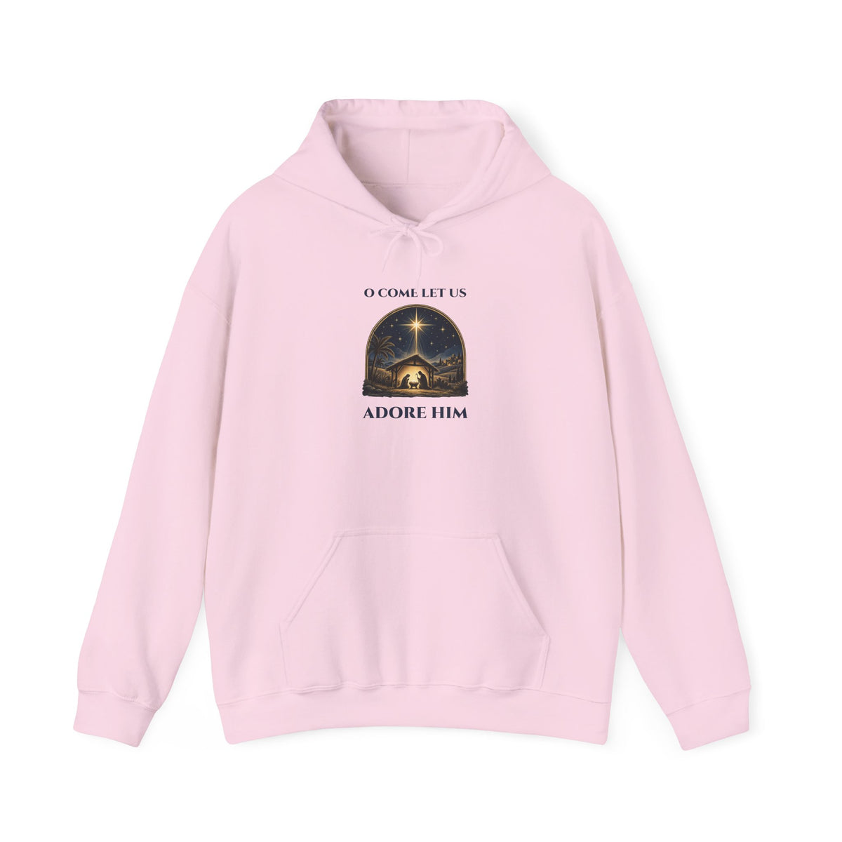 Light Pink O Come Let Us Adore Him hoodie with a vintage nativity scene under the star of Bethlehem, front view