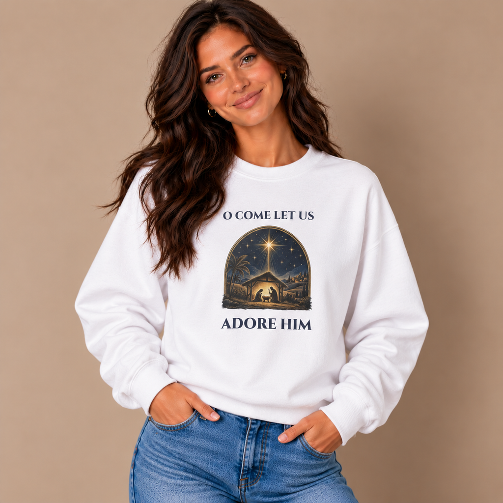 Woman wearing the White O Come Let Us Adore Him Christian Christmas Sweatshirt with jeans
