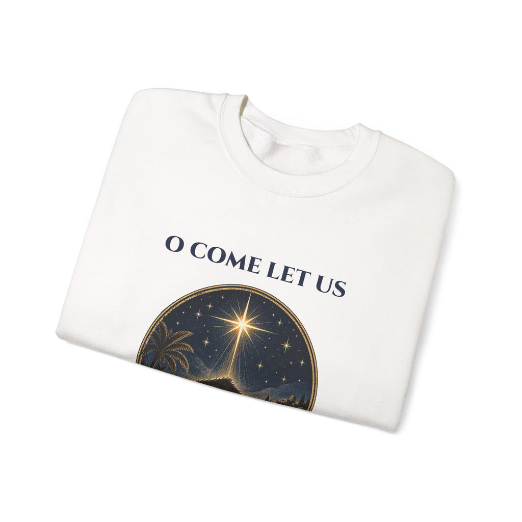 O Come Let Us Adore Him Christian Christmas Sweatshirt, folded