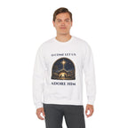 Man wearing the O Come Let Us Adore Him Christian Christmas Sweatshirt