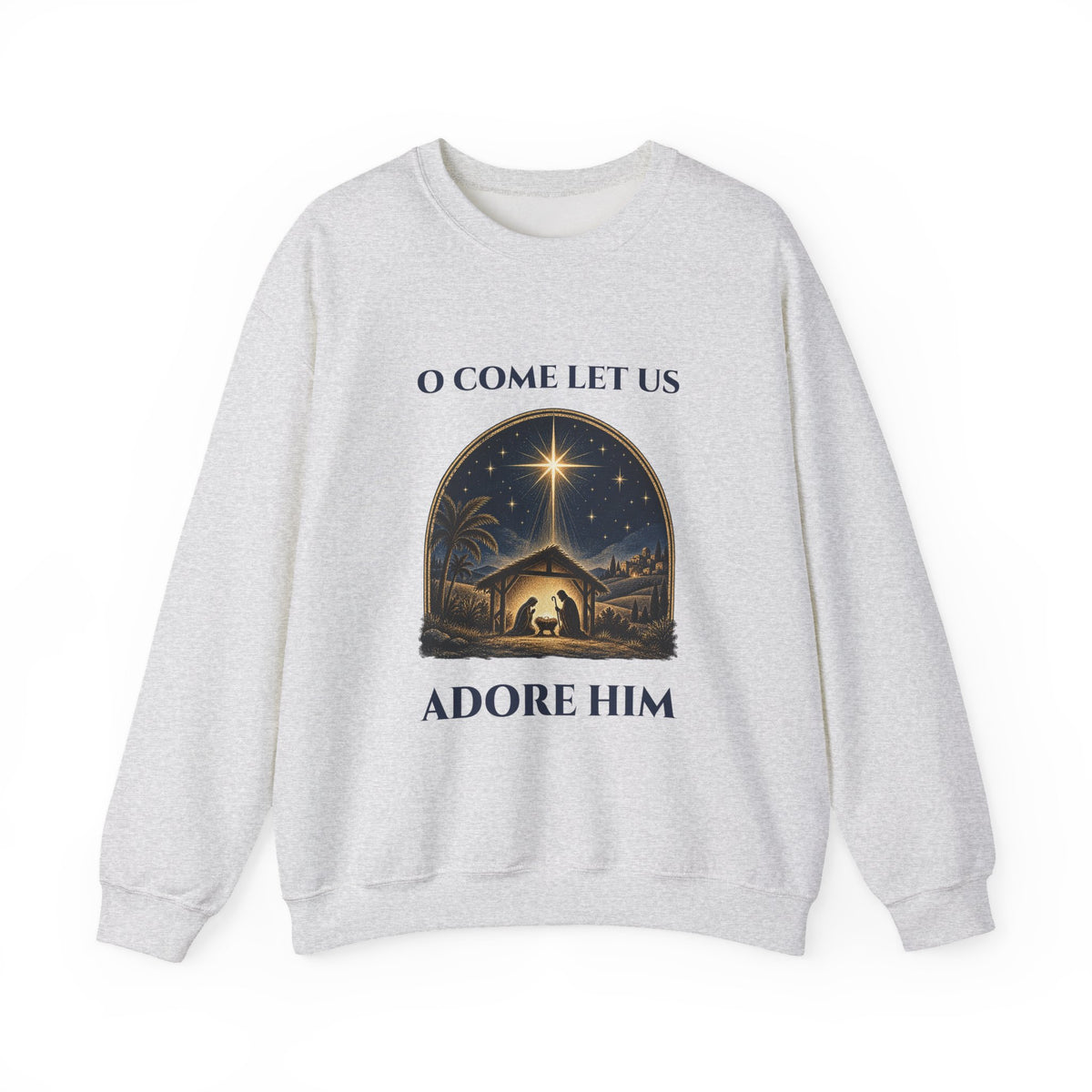 Ash O Come Let Us Adore Him sweatshirt with a vintage nativity scene under the star of Bethlehem, front view